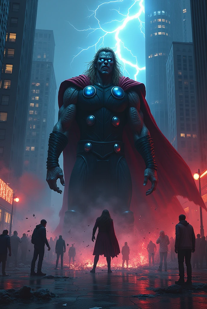 Evil Thor with blue eyes with rapist and psycho killer look with kill civilians in new york city during night with red and blue light