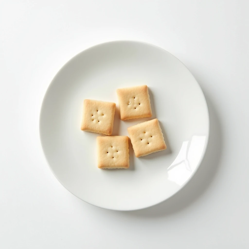 "Top-down angle focusing on a patternless white plate with a few square cookies on a patternless white table."