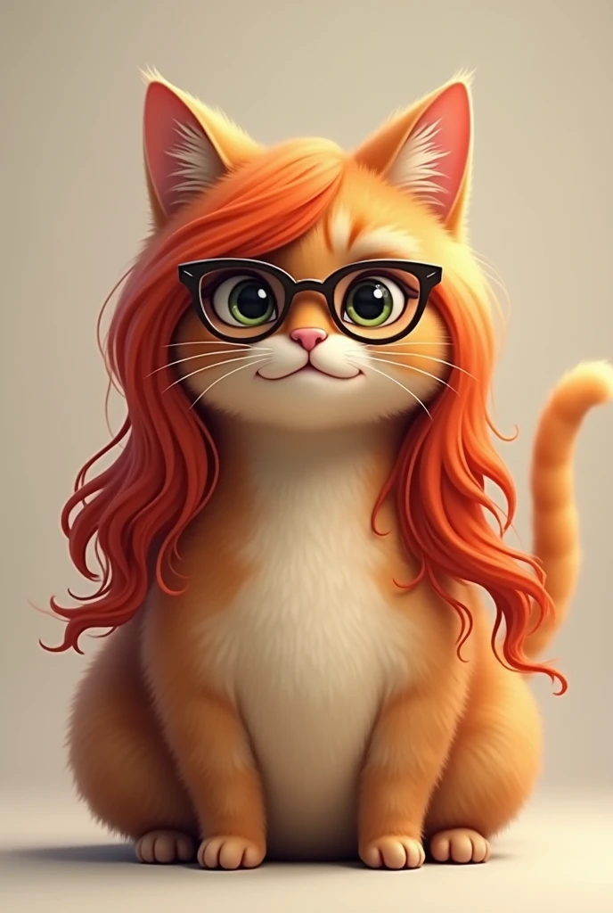 Female chubby Cat like human with long Red human hair and with glasses