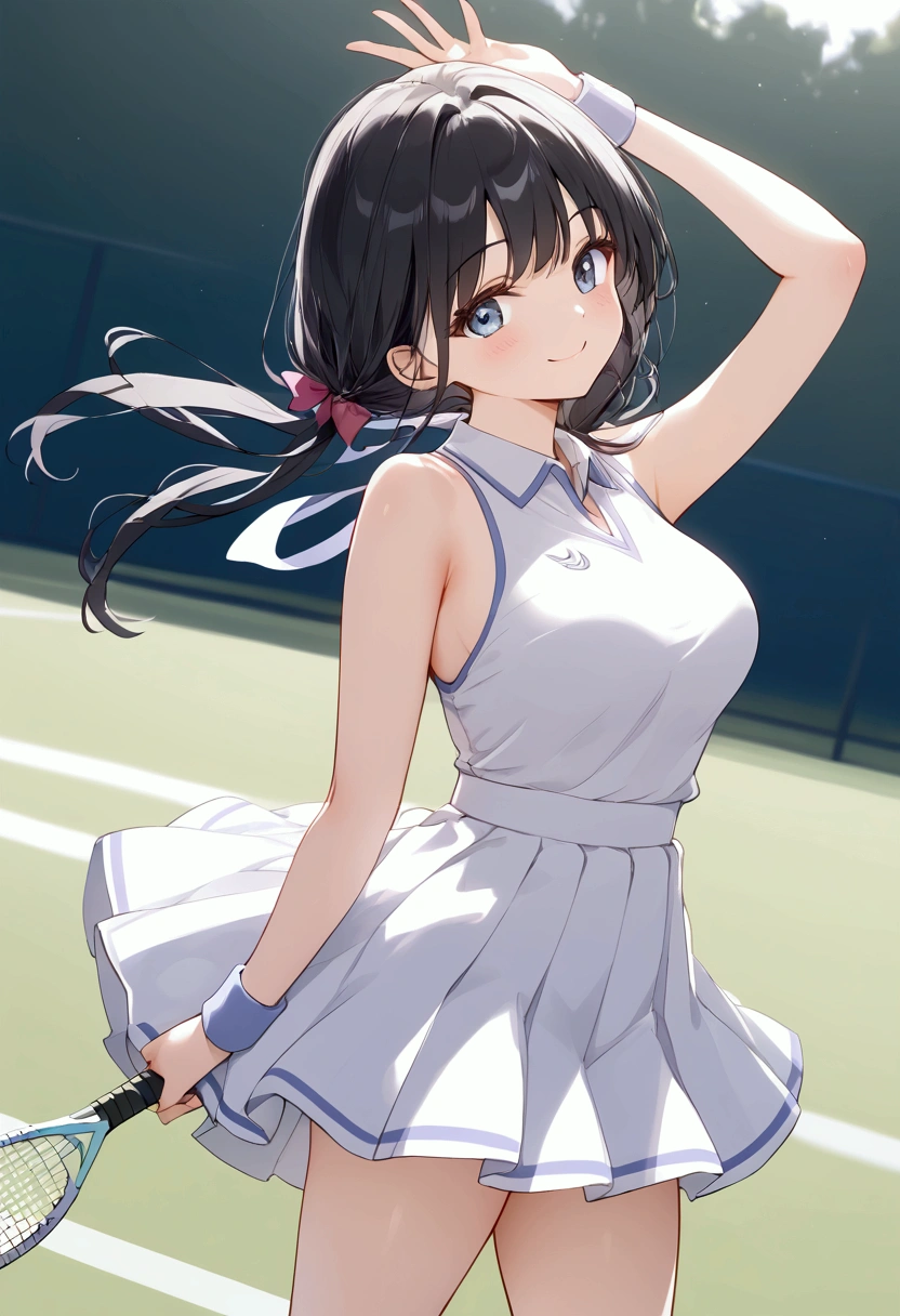 高いquality illustration, masterpiece, Very delicate and beautiful, Slender body, Anime Style, Beautiful Eyes, masterpiece, Highest quality, High resolution, Very detailed, Perfect lighting、Painted from the front、very young、1 female、smile、Black Hair、Short pigtails、Tennis club、White tennis uniform、Tennis court、audience、tennis racket、The skirt is twisted by the wind、the wind is strong、noon、