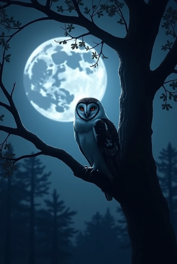 Barn owl perched on a tree branch at night with the full moon in the background