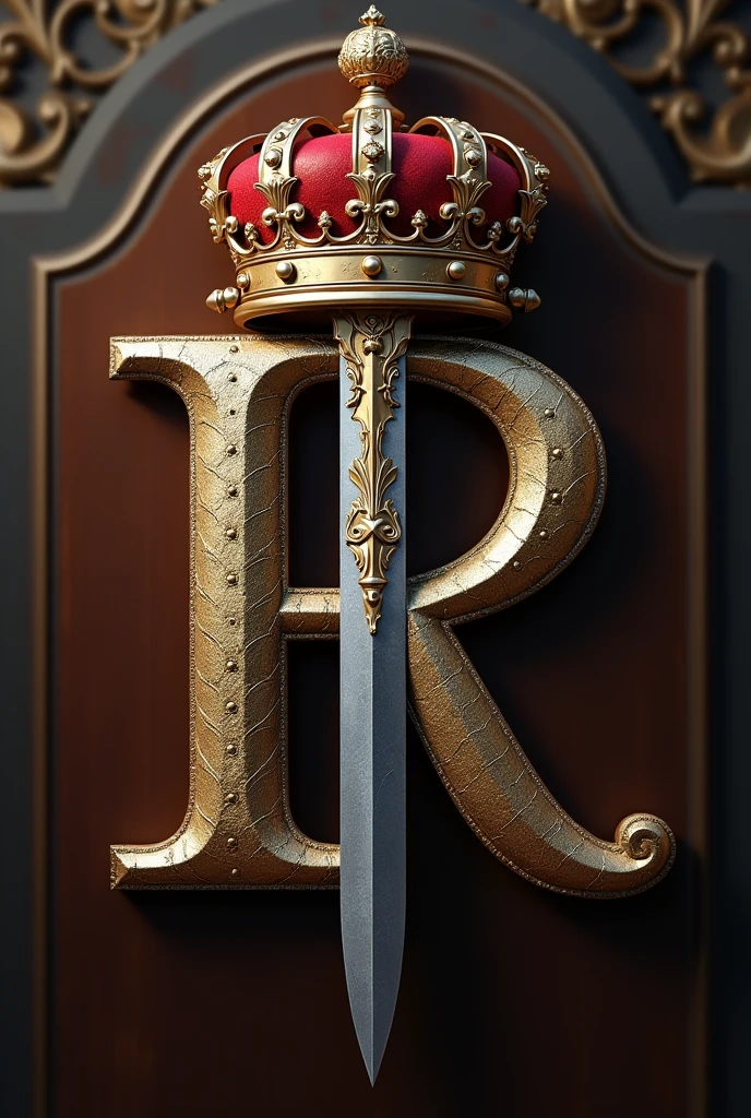 Letter R with a crown on top and a sword at the tip 