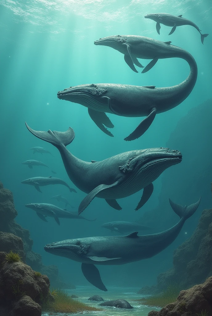 Create for me an image that shows the evolution of whales according to Lamarckism 