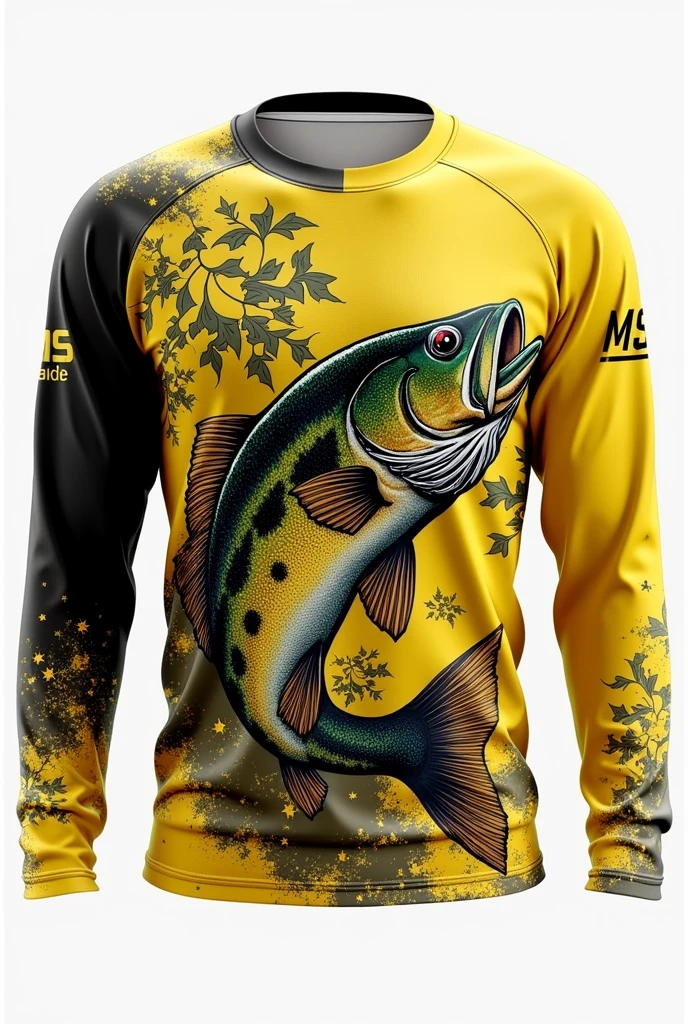 Make a long sleeve thermal t-shirt with a yellow peacock bass with black stripes,written on the MS Fisherman&#39;s Ranch T-shirt 