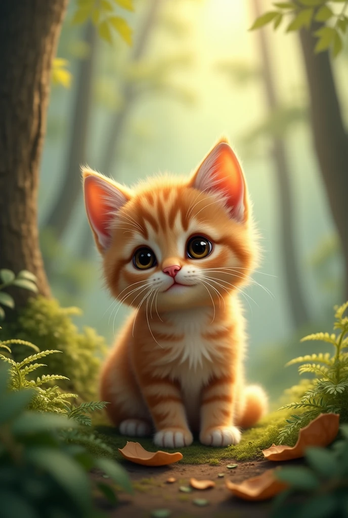 Very cute close-up of a kitten sitting in the forest., Soft volume lamp (backlight: 1.3), (Kinetics: 1.2), complicated details