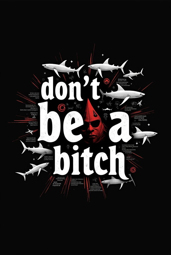 Give me a black background wallpaper with the following in the middle "DON'T BE A BITCH" That includes shark silhouettes and little phrases, so to speak, to motivate me to achieve my goals., make it look impressive
