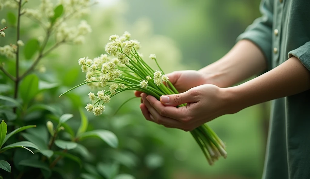 Under the osmanthus forest,A hand picked the chives with green flowers(best quality,4K,8k,High level,masterpiece:1.2),Ultra Detailed,(lifelike,Photo real,Photo real:1.37)