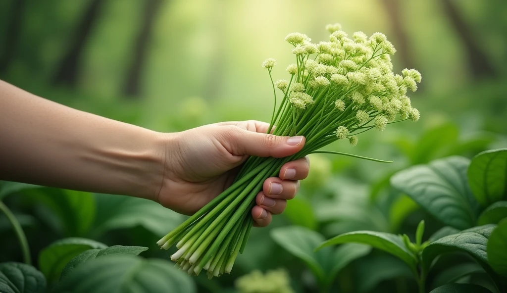 Under the osmanthus forest，A hand picked the chives with green flowers（best quality，4K，8k，High level，masterpiece：1.2），Ultra Detailed，（lifelike，Photo real，Photo real：1.37）