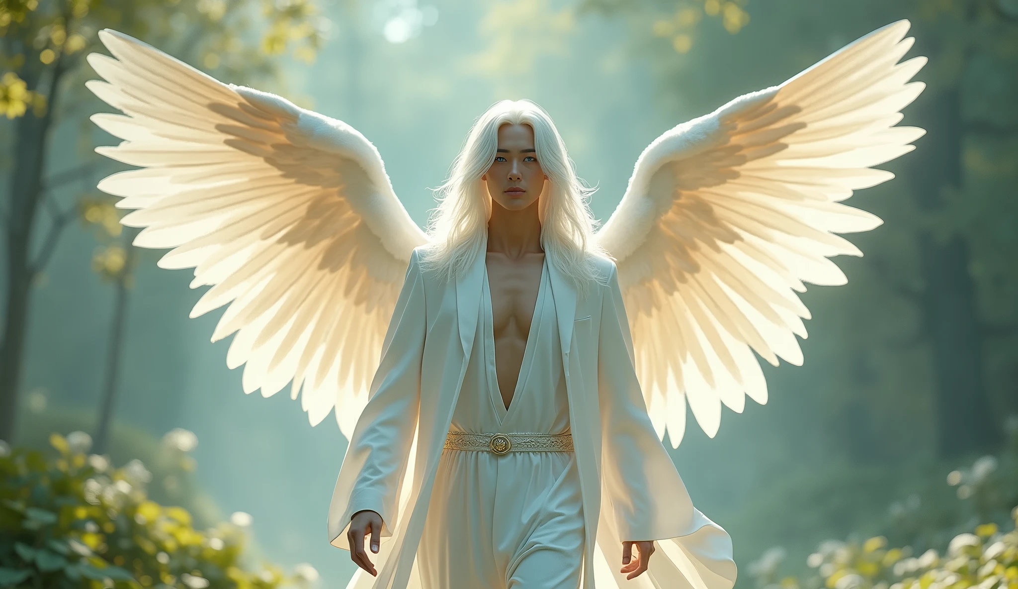 Japanese　boy　Angel　god々Shii　Handsome　優Shii　It&#39;s like I&#39;m talking to you　front, A gentle, white and gold-winged male pale white skinned, white hair, blue eyes, Asian Korean features, Athletic body, mid 30s angel (simple design) - Soft colors, with a subtle glow - Ethereal background, with a subtle texture I want it as a man, walking through the garden of Eden, 32K UHD, best quality, masterpiece, Style Raw, hyperrealistic.