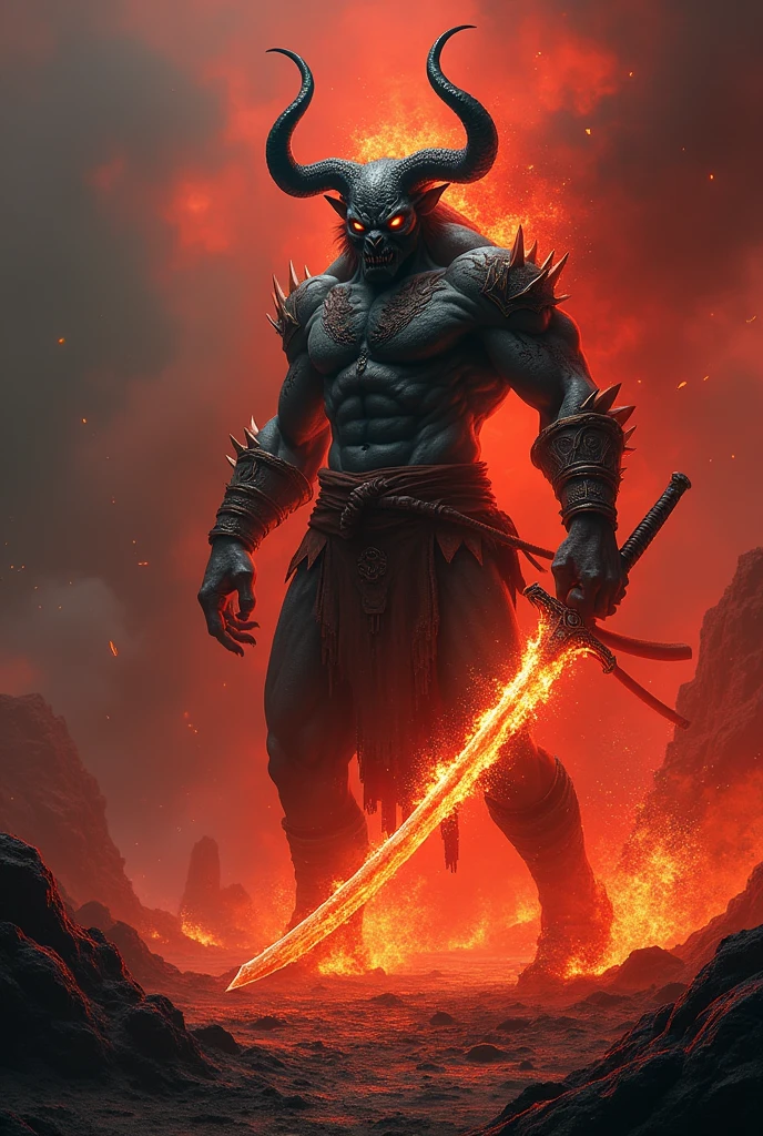 A demon standing on hell with his katana of flame and going to attack the enemy 