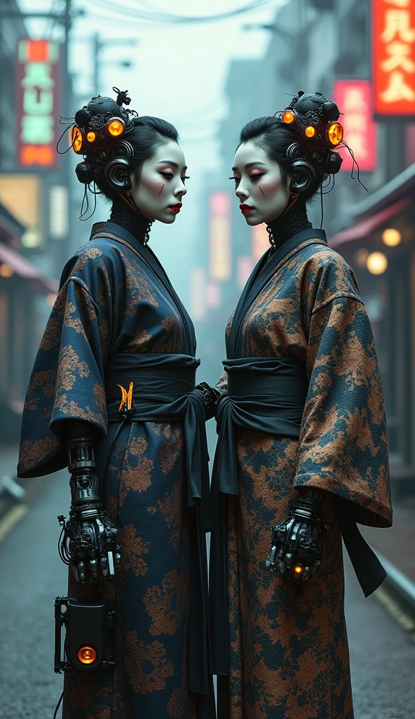 The image features two figures dressed in a striking combination of traditional Japanese attire and futuristic robotic enhancements. Their faces are painted white with exaggerated, theatrical makeup resembling Noh masks, giving them a dramatic, almost eerie appearance. They wear elaborate, patterned kimonos with sashes tied at the waist, but their arms and legs are replaced with complex mechanical components. These robotic limbs are detailed with gears, wires, and glowing elements, suggesting a fusion of traditional craftsmanship and advanced technology. The figures are positioned on a city street, with a foggy background and neon signs, creating a cyberpunk atmosphere that merges historical and futuristic elements. The bright lights in their headgear and the mechanical parts add to the surreal, otherworldly vibe of the scene.foggy day.sci-fi.full body.peculiar.hyperrealistic.8k