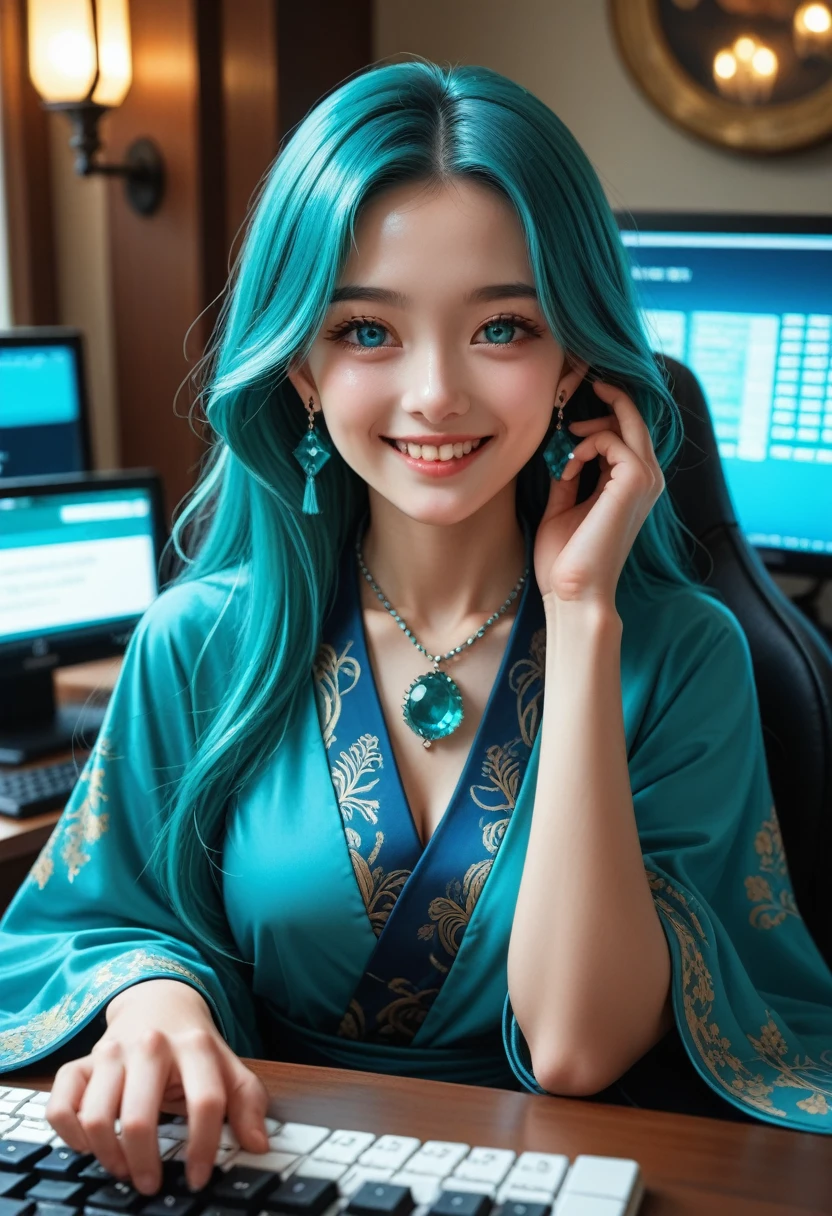 masterpiece, best quality, ultra-detailed, illustration,(1girl),beautiful detailed eyes, looking at viewer, (holding a computer keyboard), happy, (turquoise hair:1), (blue rounded eyes:1), (round earring), (turquoise big gem necklace), cute round face, long hair, smile, fantasy chinese clothes