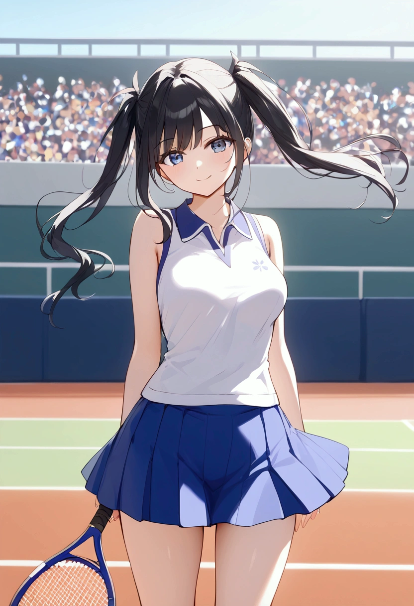 高いquality illustration, masterpiece, Very delicate and beautiful, Slender body, Anime Style, Beautiful Eyes, masterpiece, Highest quality, High resolution, Very detailed, Perfect lighting、Painted from the front、very young、1 female、smile、Black Hair、Short pigtails、Tennis club、White tennis uniform、Tennis court、audience、tennis racket、The skirt is twisted by the wind、the wind is strong、noon、