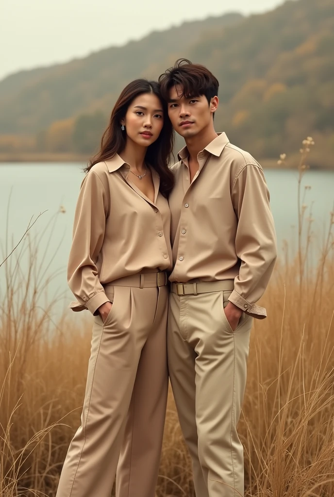 Create a color combination of a couple with a simple outfit of beige trouser