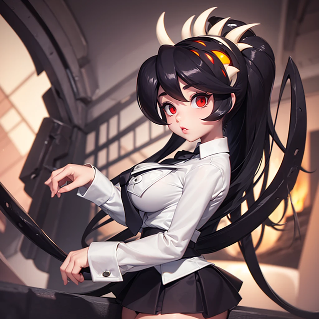 Filia, one girl, big thighs, big boobs, tiny waist, big eyes, big lips, beautiful woman, cartoonish, black tiny skirt, white shirt, black tiny tie,