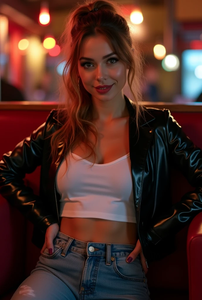 complete photo of a 30 years old woman with light brownblond hair tied to a ponytail. She is sitting in a booth of a bar. She is wearing a white cotton crop top and a jeans. She is also wearing a short glossy black latex jacket. She is looking seductive, erotic, sinful and lustful into the camera. She is smiling mischievous.