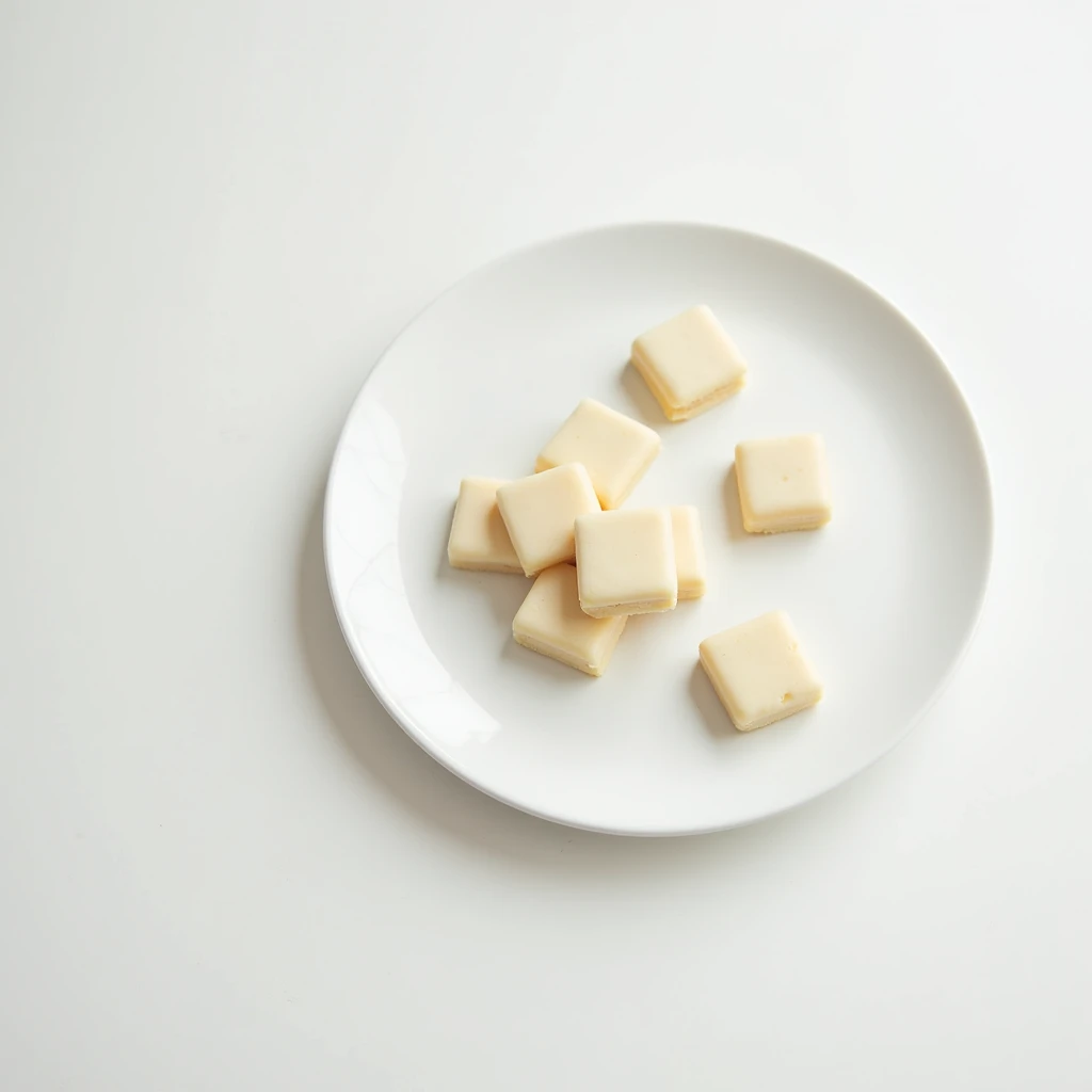 "Top-down angle focusing on a patternless white plate with square cookies on a patternless white table."