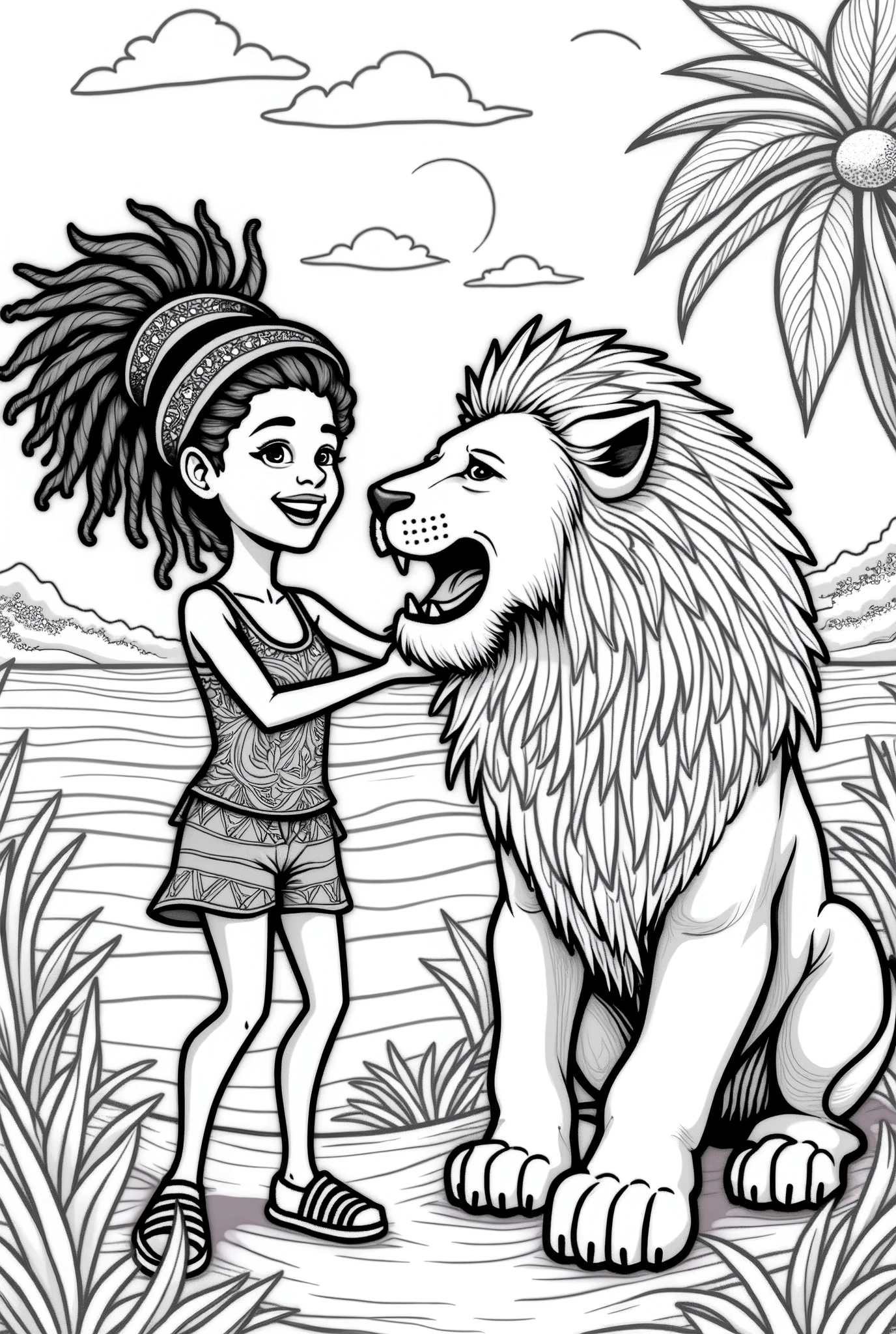 Rastafarian black girl with a lion enjoying the sunrise,  summer outfit stands out, Energetic and lively scene.Caribbean,  illustration,  coloring book, black and white, white background , stickers 