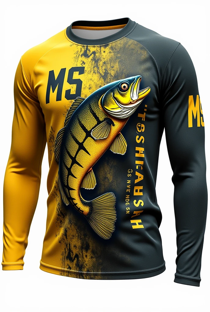 Make a long sleeve thermal t-shirt with a yellow peacock bass with black stripes,written on the MS Fisherman's Ranch T-shirt