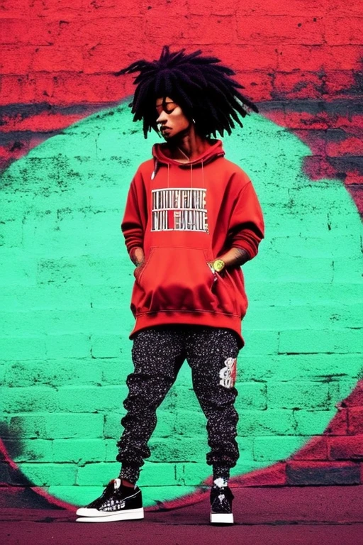 A background filled with scattered musical notes in various sizes and colors、

Creative logo illustration of a silhouette with dreadlocks and red headphones, 
Banksy、
A background completely filled with scattered musical notes in various sizes and colors, covering the entire screen.
singer、マイク、

beautiful girl colorful image

Dance hiphop Dance CREW  Waacking Dance

Punking 

black medium hair black medium hair 

Five fingers Baggy clothes Baggy clothes
HIPHOP crew、