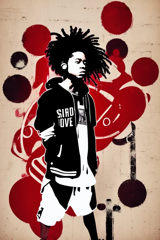 A background filled with scattered musical notes in various sizes and colors、

Creative logo illustration of a silhouette with dreadlocks and red headphones, 
Banksy、
A background completely filled with scattered musical notes in various sizes and colors, covering the entire screen.
singer、マイク、

beautiful girl colorful image

Dance hiphop Dance CREW  Waacking Dance

Punking 

black medium hair black medium hair 

Five fingers Baggy clothes Baggy clothes
HIPHOP crew、