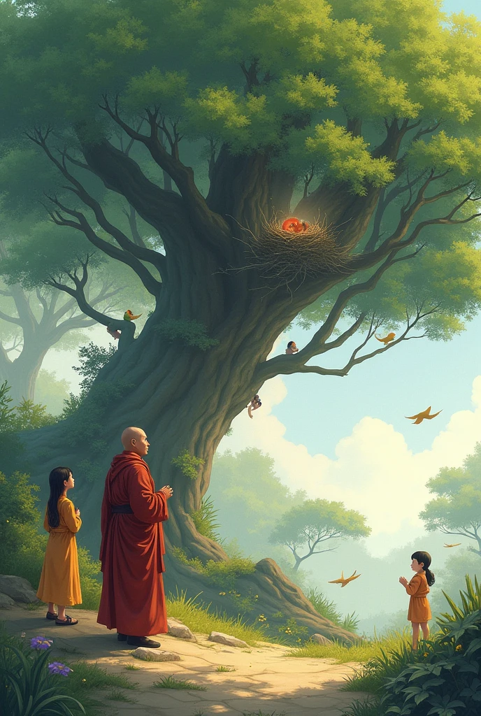 Monk and student noticed that birds building their nest and children are playing around the tree
