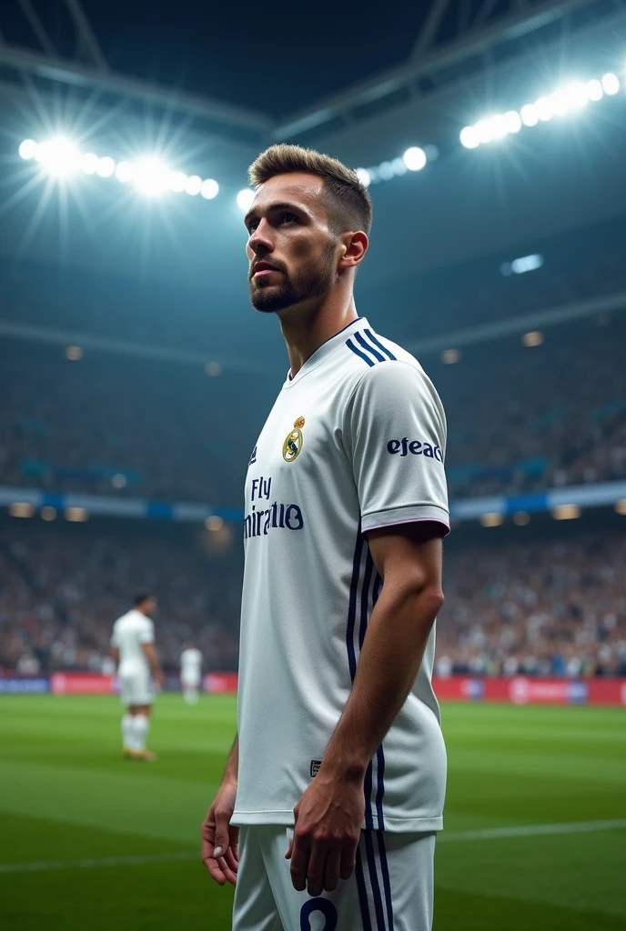A realistic image of Jude Bellingham, a professional footballer, wearing a Real Madrid jersey. He is standing on a stadium field with a clear view of his face, which shows a determined expression. The background is a large football stadium filled with fans under bright lights, emphasizing a lively night match. The focus is on Jude Bellingham with clear facial features, while the stadium and crowd add to the vibrant atmosphere.