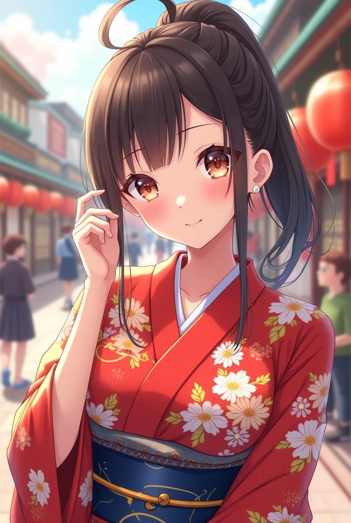 高いquality illustration, masterpiece, Very delicate and beautiful, Slender body, Anime Style, Beautiful Eyes, masterpiece, Highest quality, High resolution, Very detailed, Perfect lighting、very young、1 female、smile、ponytail、Blushing、Selfie-like angle、Cleavage、Festivals、yukata
