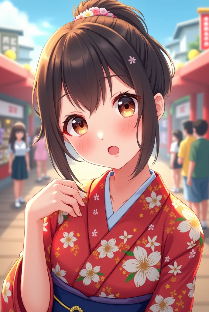 高いquality illustration, masterpiece, Very delicate and beautiful, Slender body, Anime Style, Beautiful Eyes, masterpiece, Highest quality, High resolution, Very detailed, Perfect lighting、very young、1 female、smile、ponytail、Blushing、Selfie-like angle、Cleavage、Festivals、yukata