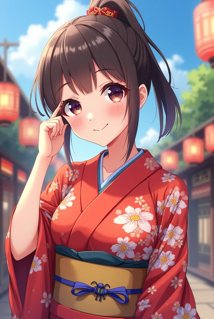 高いquality illustration, masterpiece, Very delicate and beautiful, Slender body, Anime Style, Beautiful Eyes, masterpiece, Highest quality, High resolution, Very detailed, Perfect lighting、very young、1 female、smile、ponytail、Blushing、Selfie-like angle、Cleavage、Festivals、yukata