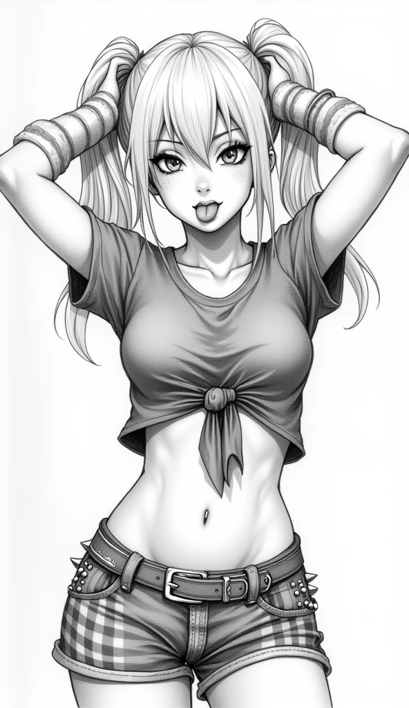 Detailed pencil sketch of a blonde girl with big pigtails, a short heavy metal shirt tied around her stomach, hands behind her head, short plaid skirt, spiked belt, mischievous expression on her face, turns a blind eye, shows tongue