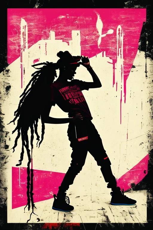 A background filled with scattered musical notes in various sizes and colors、

Creative logo illustration of a silhouette with dreadlocks and red headphones, 
Banksy、
A background completely filled with scattered musical notes in various sizes and colors, covering the entire screen.
singer、マイク、

beautiful girl colorful image

Dance hiphop Dance CREW  Waacking Dance

Punking 

black medium hair black medium hair 

Five fingers Baggy clothes Baggy clothes
HIPHOP crew、