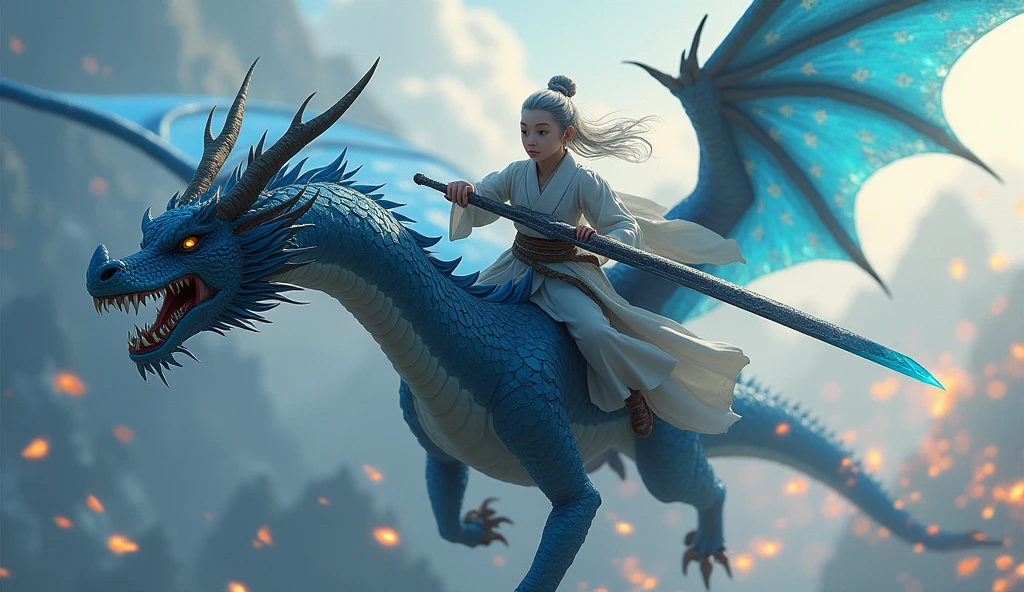 Young cultivator with gray hair, riding a black fire-breathing dragon with blue wings and carrying a black and blue sword.