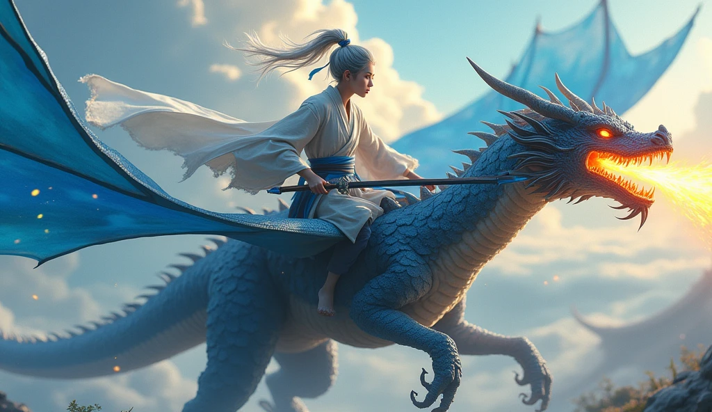 Young cultivator with gray hair, riding a black fire-breathing dragon with blue wings and carrying a black and blue sword. 