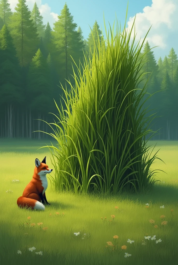 A pile of grass is eating in the field, with a fox sitting next to it. 
Behind them is the forest.