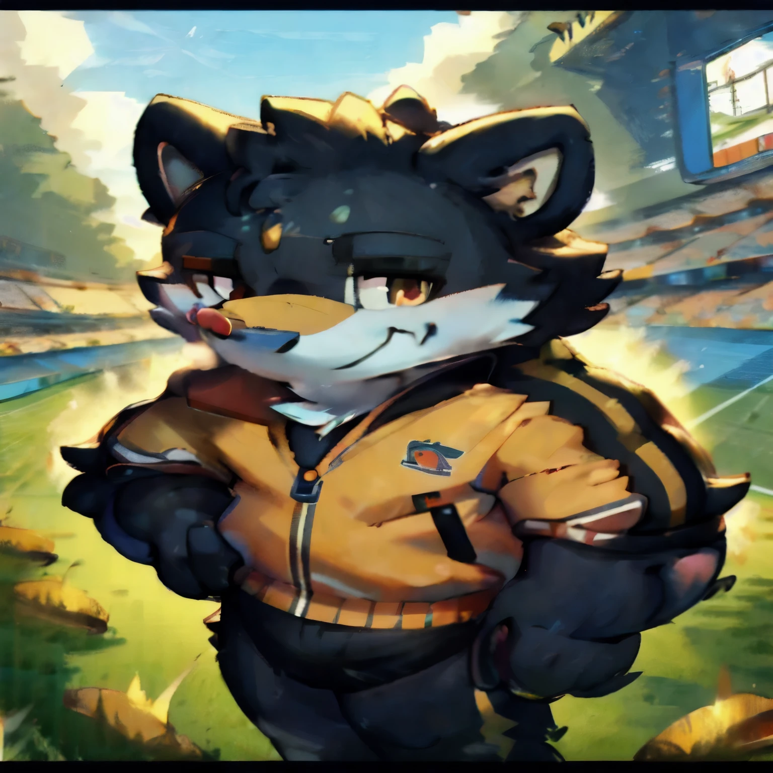 a cartoon cat in a yellow jacket standing in front of a soccer field, sports team mascot, fox mccloud, furry furaffinity, fursona art, a dingo mascot, tonic the fox, sports mascot, phone wallpaper, football mascot, mobile wallpaper, furry wolf, full body mascot, official art, fursona furry art commission, phone background