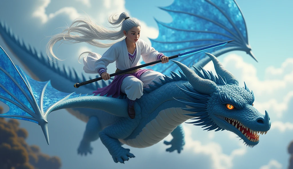 Young cultivator with gray hair, riding a black fire-breathing dragon with blue wings and carrying a black and blue sword.