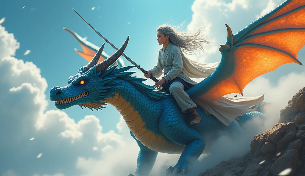Young cultivator with gray hair, riding a black fire-breathing dragon with blue wings and carrying a black and blue sword. 