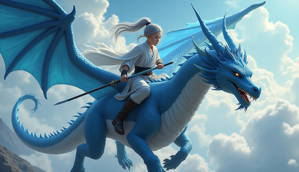 Young cultivator with gray hair, riding a black fire-breathing dragon with blue wings and carrying a black and blue sword. 