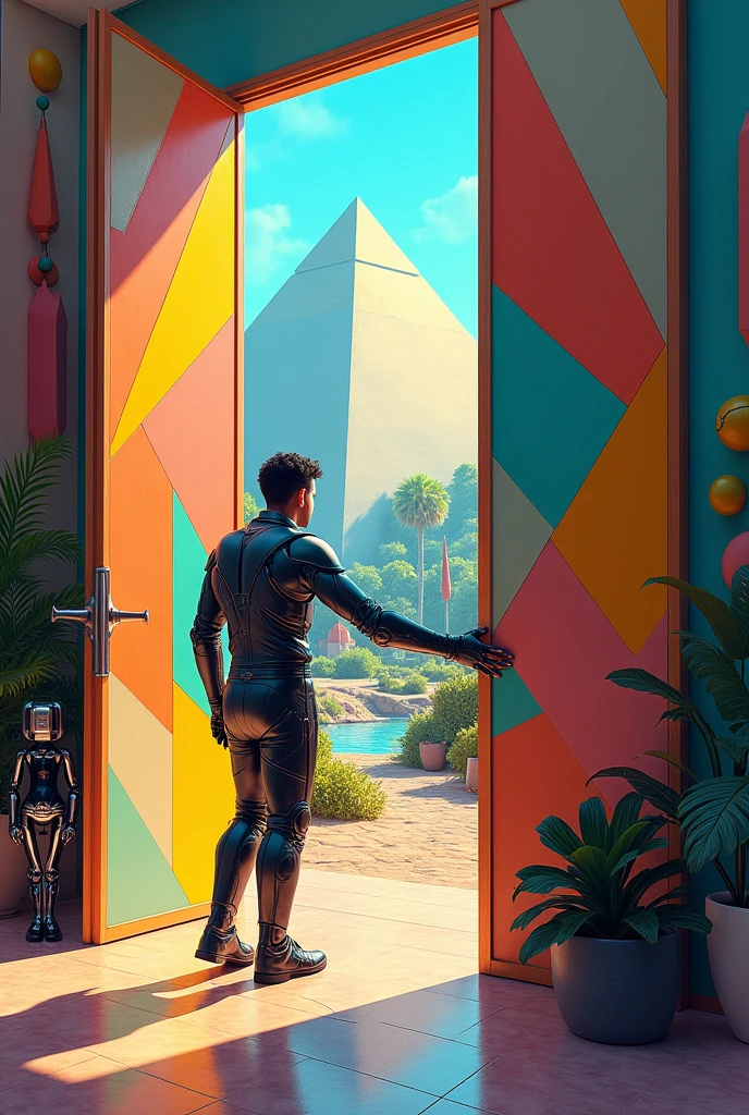 Un homme avec des vêtements futuristes pousse des deux mains des portes futuristes  avec des figures géométriques de couleurs différentes sur la porte et devant lui une pyramide avec de l'herbe et des animaux ,le tout ressemblent à la peinture que j'ai publié et un robot et à côté devant une des portes. 