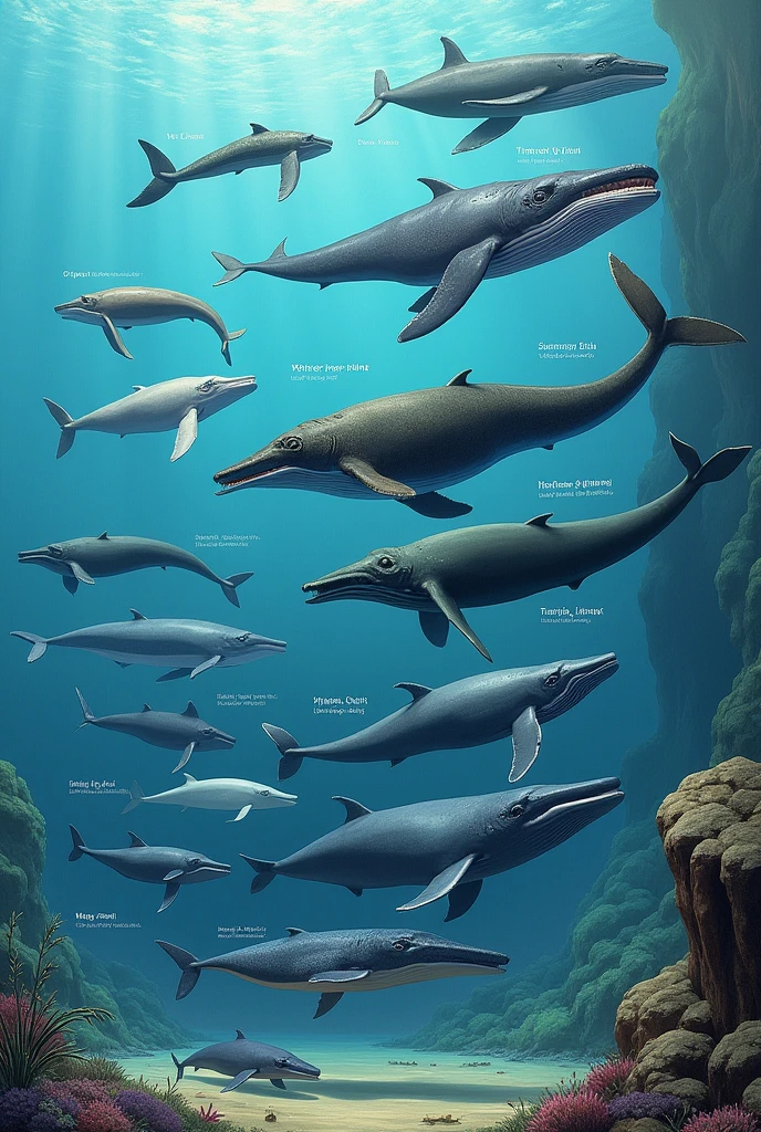 Create for me an image showing the evolution of whales according to Lamark's theory and showing the scientific names.