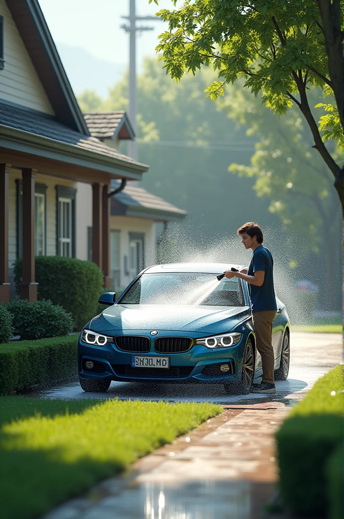 A front yard where a person is washing their car with the hose, and the water is running unchecked.