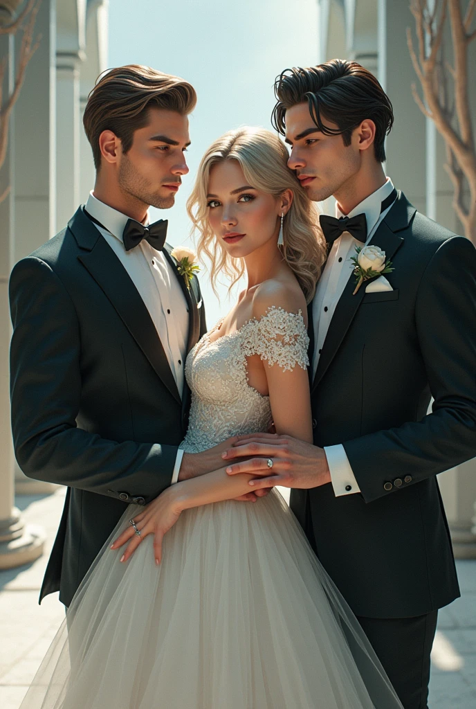 a girl in a wedding dress with light hair and grey eyes, and two men at his side, one with a black suit and long black hair and gray eyes and a very well-formed body and a beautiful look, super beautiful, the other with a blue suit, brown hair and dark eyes , The one with black hair is prettier than the other Cyberrealist