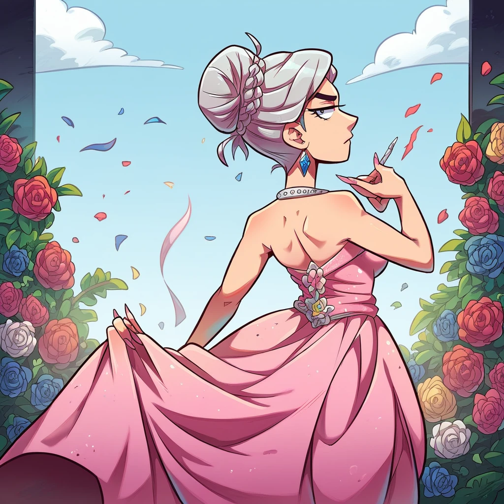 Woman, serious, elegant, pink dress, aristocratic, silver elements, long nails, bare shoulders, hairstyle, hair up, braid and ponytail, messy, arrogant, absurdes, detailed dress, royalty, celebration, hall decorated with flowers, cowboy shot, portrait, (best quality), (masterpiece), (highly detailed), (4k)