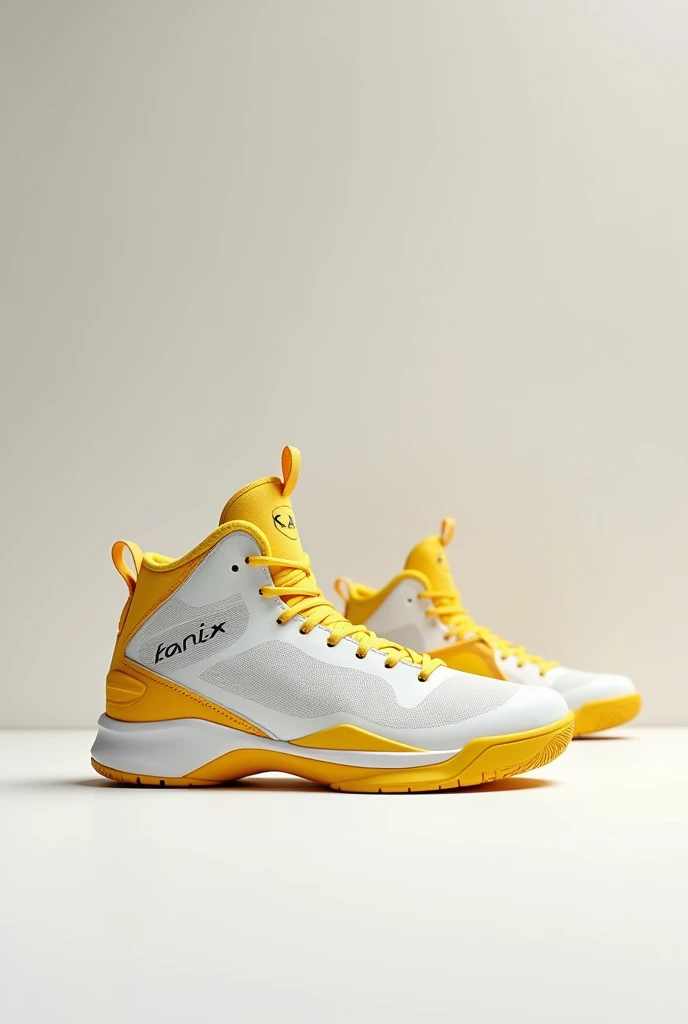 White and yellow basketball shoes, modern style for men, name brand "KANIX" no other name or brand.