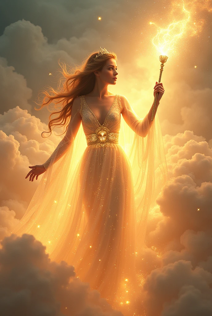 A Goddess of light with a dress made of light and hair inspired by light , and she's in a cloud holding her wand inspired by light magic , shes looking at me
