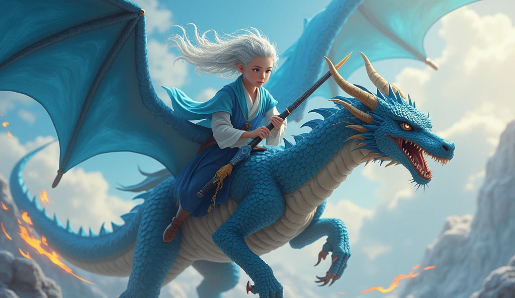 Young cultivator with gray hair, riding a black fire-breathing dragon with blue wings and carrying a black and blue sword.