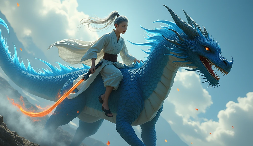 Young cultivator with gray hair, riding a black fire-breathing dragon with blue wings and carrying a black and blue sword. 