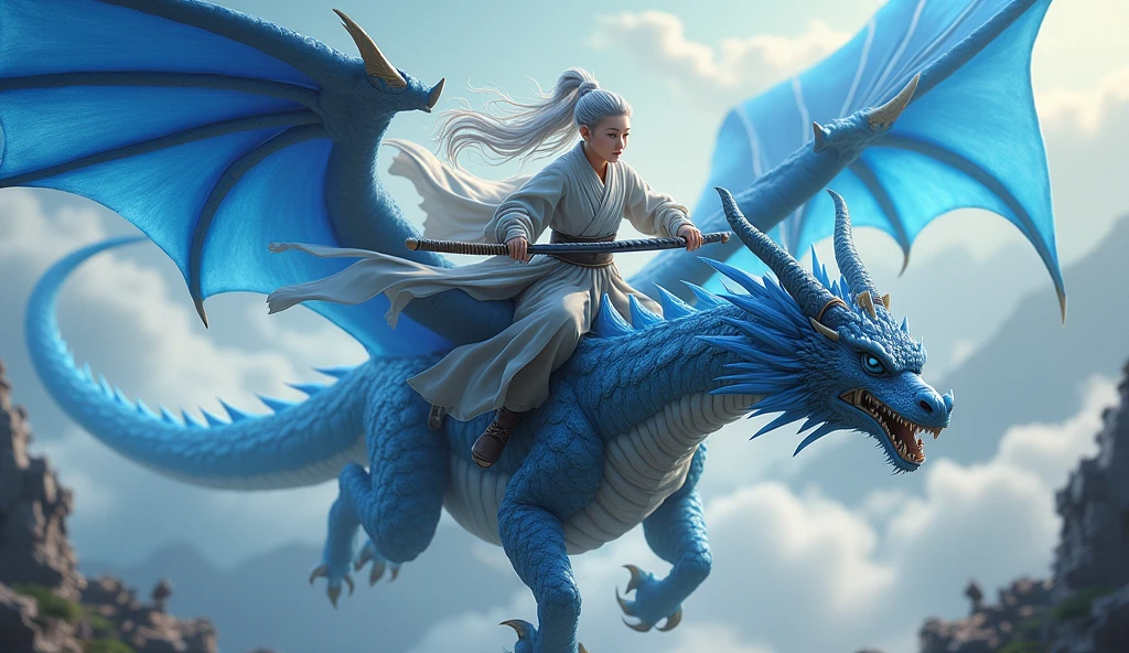 Young cultivator with gray hair, riding a black fire-breathing dragon with blue wings and carrying a black and blue sword. 