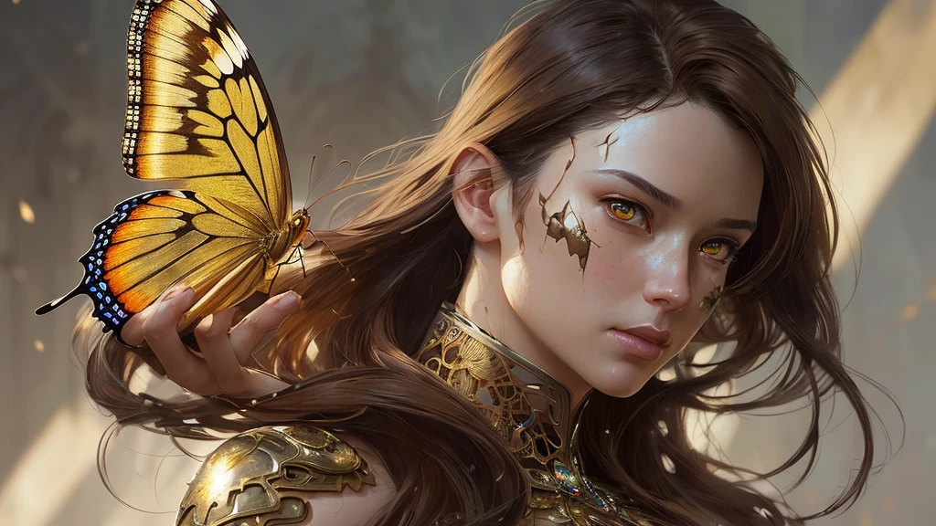 8K portrait of a beautiful cyborg with brown hair, complicated, elegant, muito detalhado, majestic, digital photography, Art by Artgerm and Ruan Jia and Greg Rutkowski, surreal painting, golden butterfly, filigree, broken glass, (​masterpiece, side light, finely detailed beautiful eyes: 1.2), HDR, 